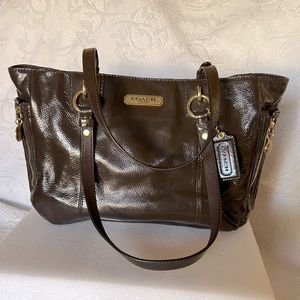 COACH dark brown leather YGold hardware 10x12x4 strap 22”
